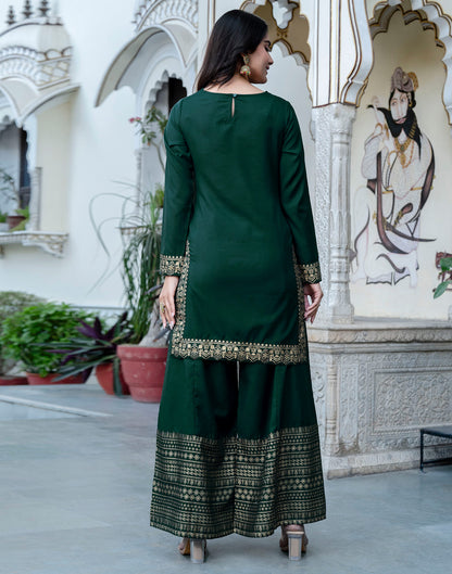 Dark Green Cotton Printed Straight Kurta Set With Dupatta