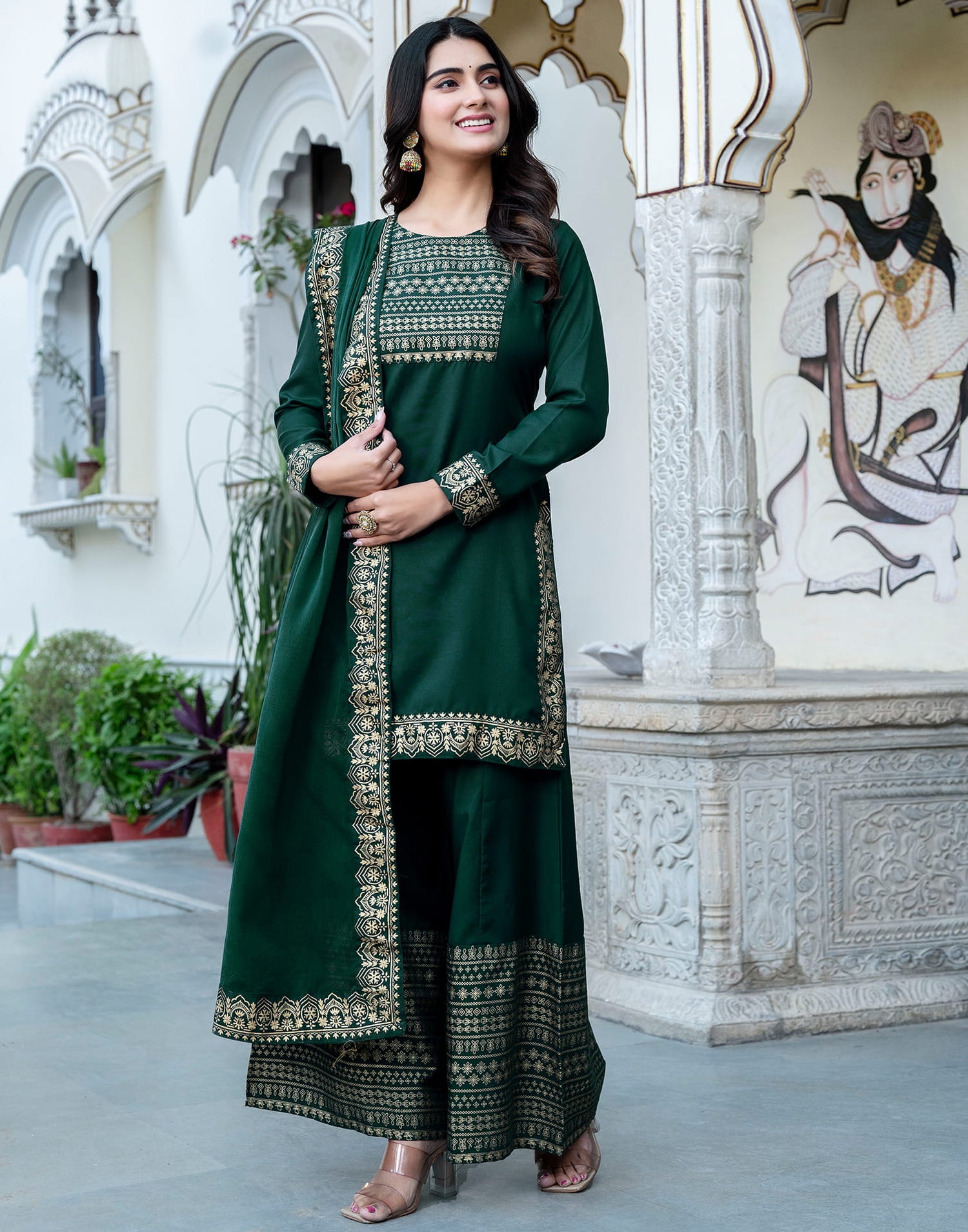 Dark Green Cotton Printed Straight Kurta Set With Dupatta