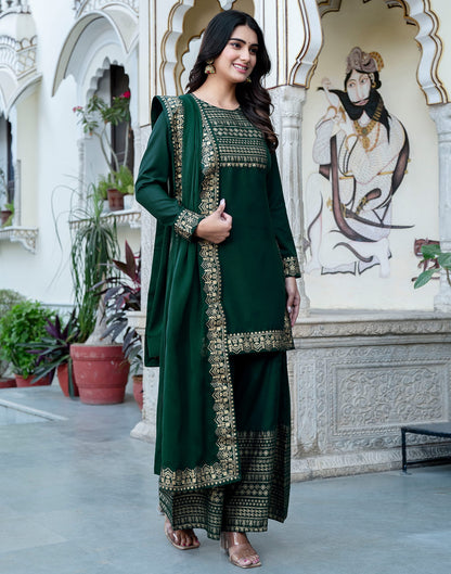 Dark Green Cotton Printed Straight Kurta Set With Dupatta