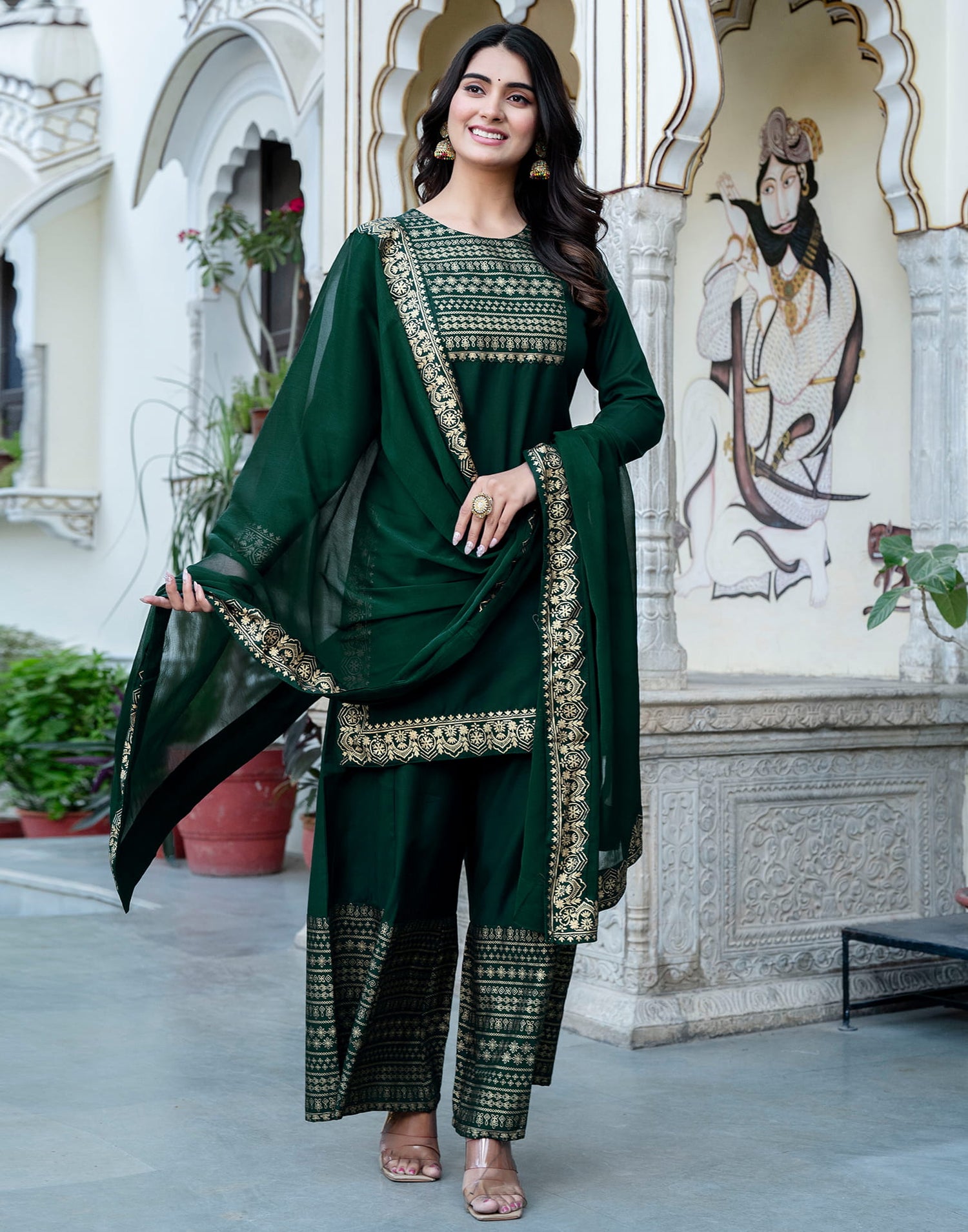 Dark Green Cotton Printed Straight Kurta Set With Dupatta