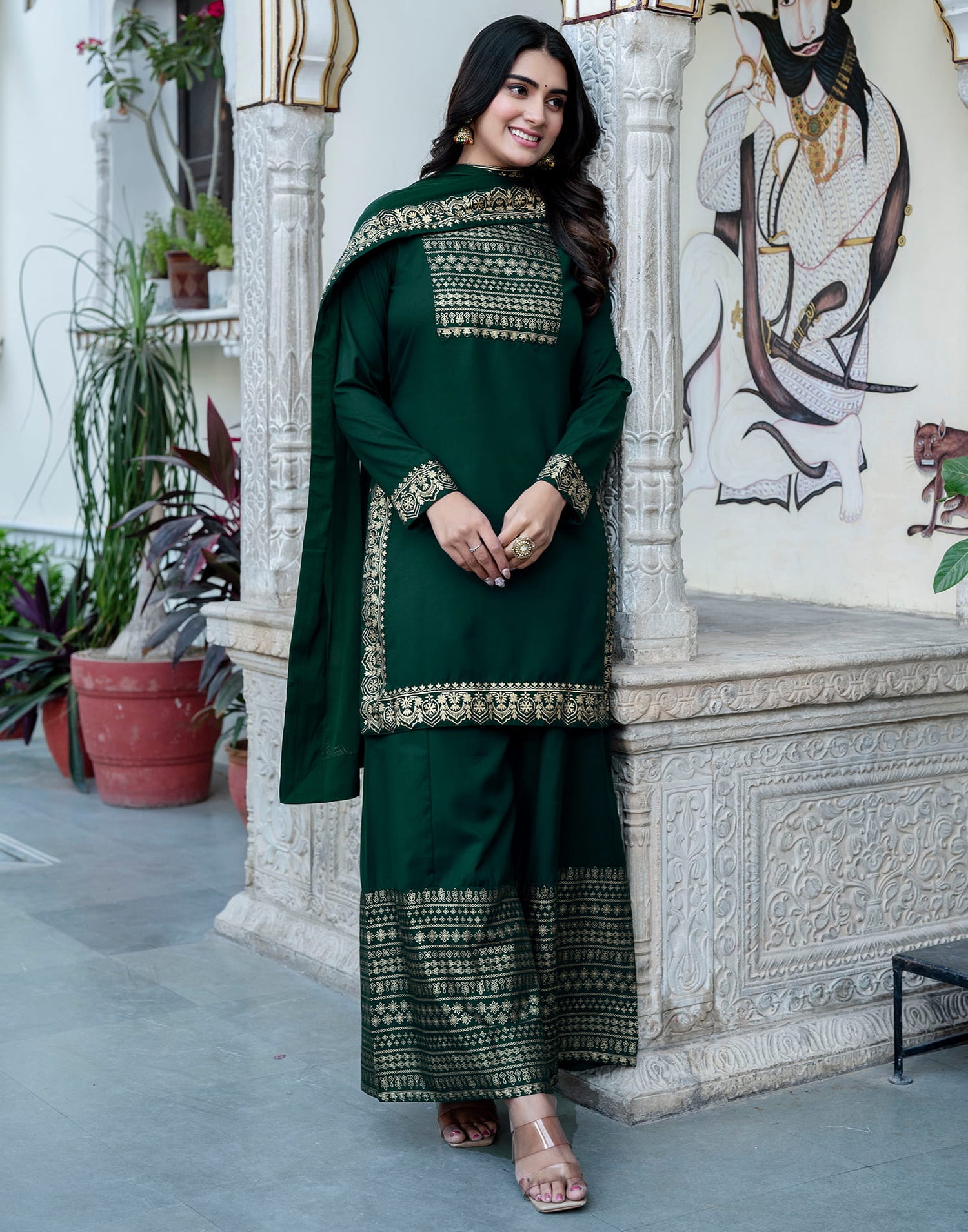 Dark Green Cotton Printed Straight Kurta Set With Dupatta