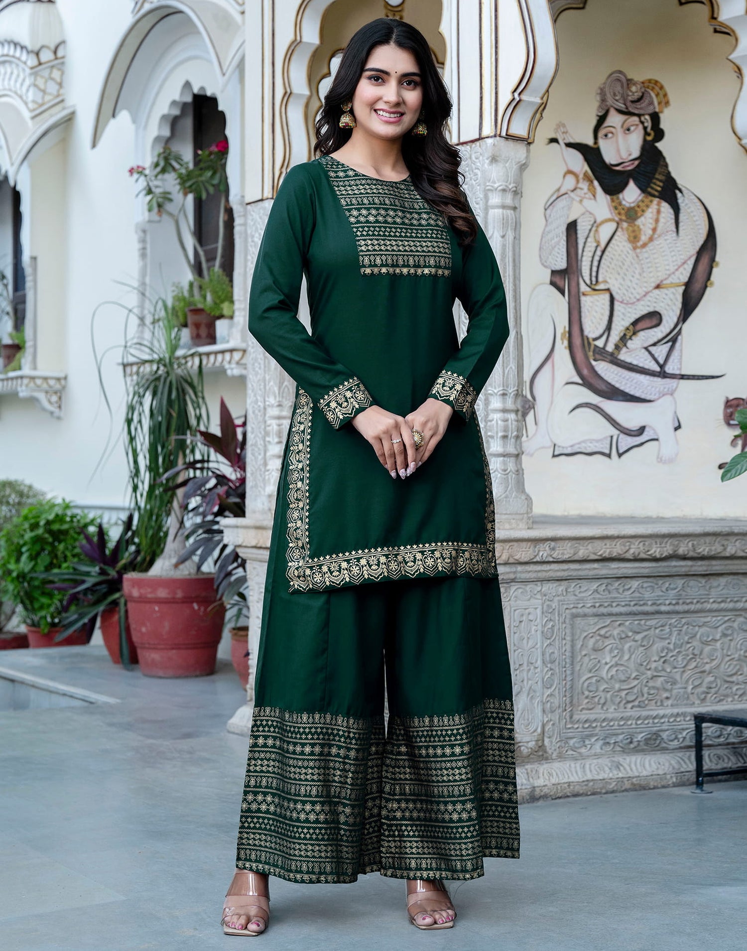 Dark Green Cotton Printed Straight Kurta Set With Dupatta