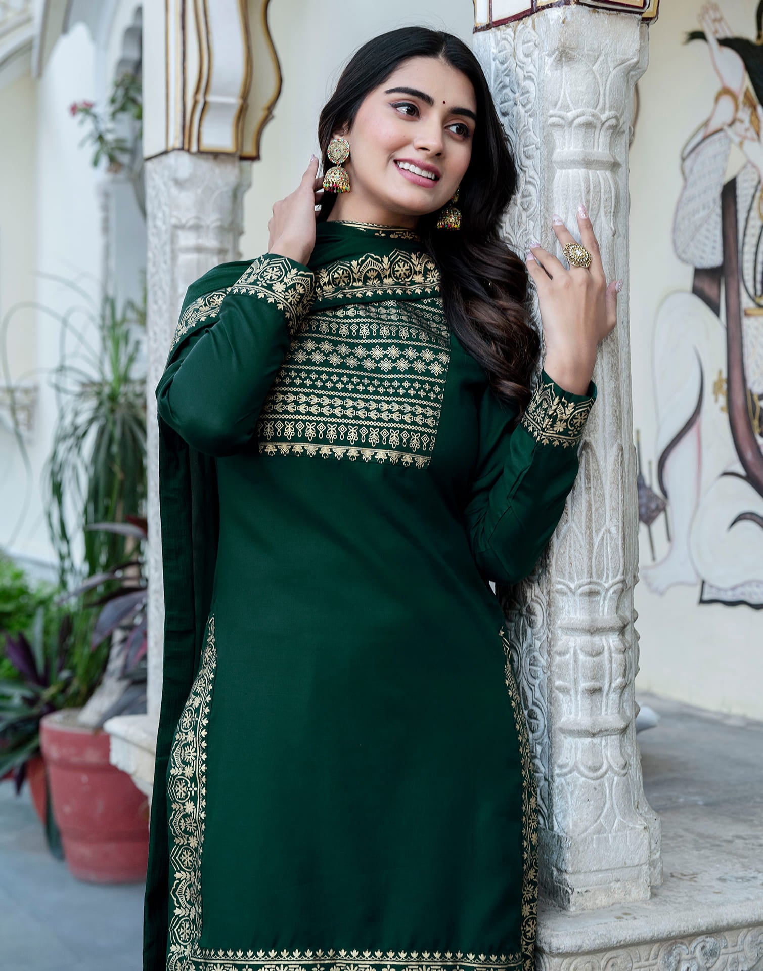 Dark Green Cotton Printed Straight Kurta Set With Dupatta