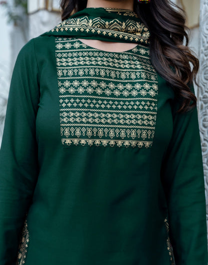 Dark Green Cotton Printed Straight Kurta Set With Dupatta