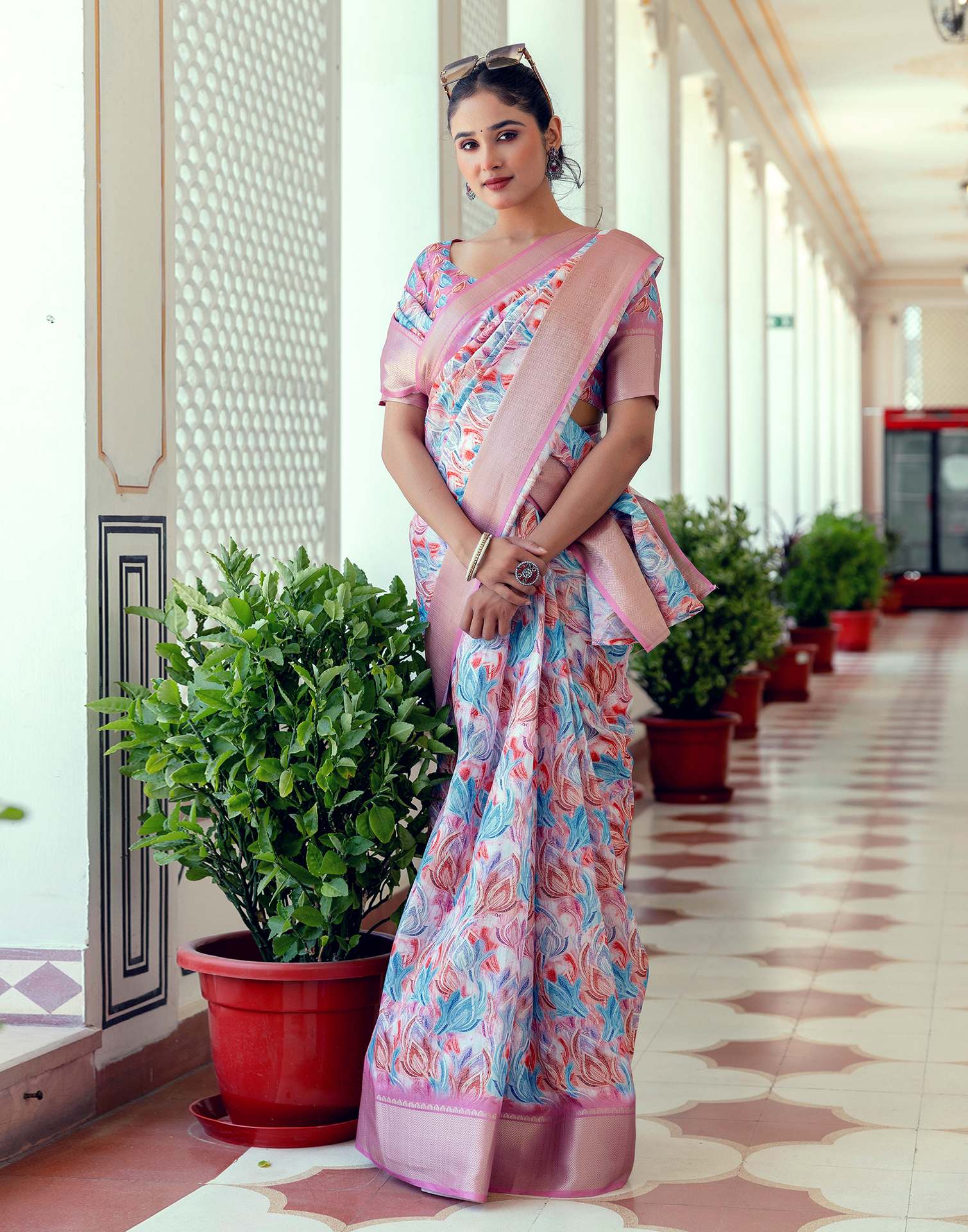 Ready To Wear Mauve Dola Silk Woven Border Printed Saree
