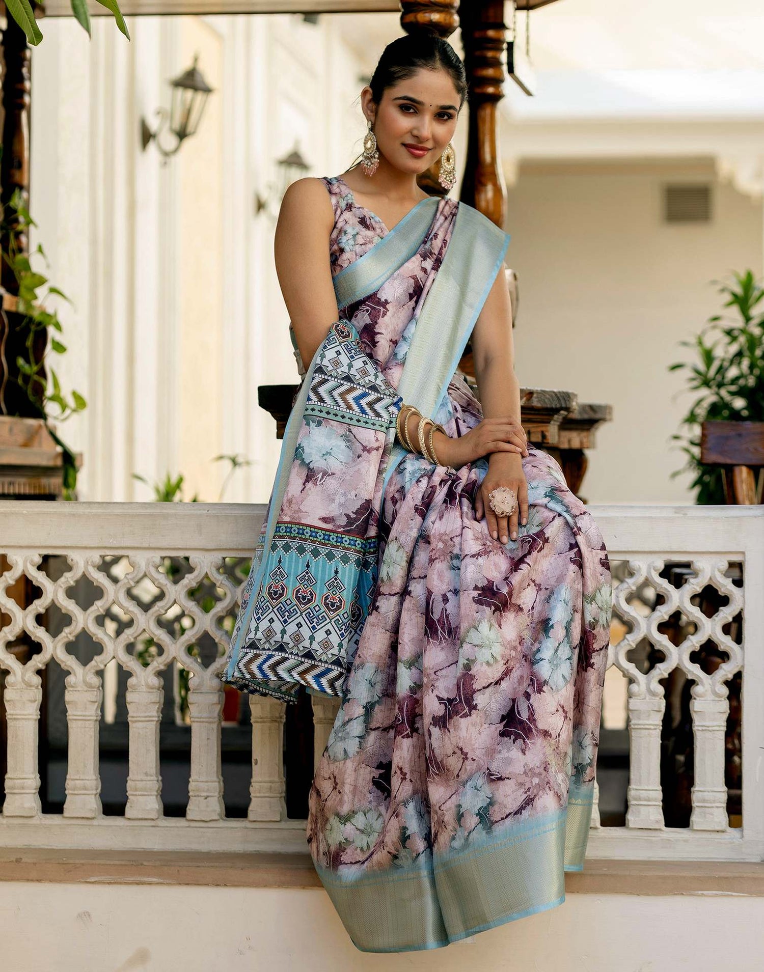 Ready To Wear Dusty Mauve Dola Silk Woven Border Printed Saree