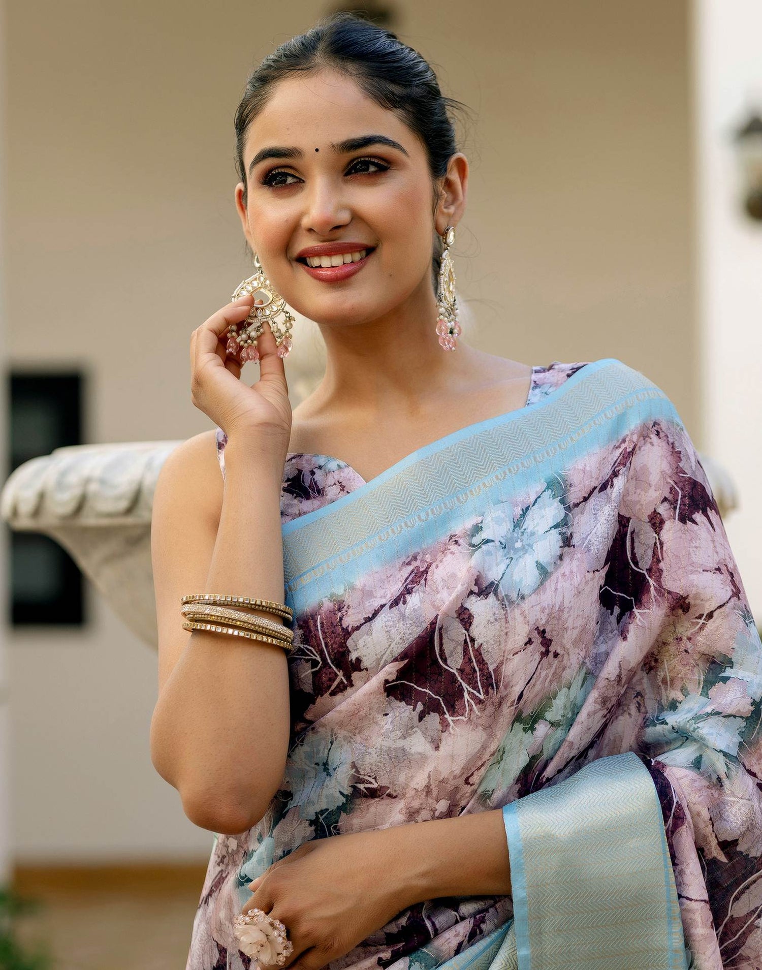Ready To Wear Dusty Mauve Dola Silk Woven Border Printed Saree