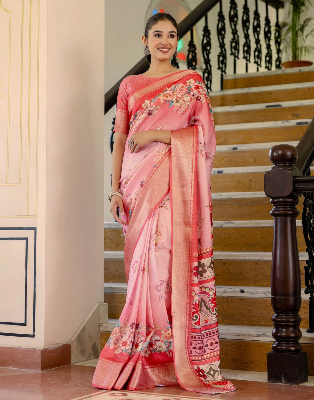 Ready To Wear Pink Dola Silk Woven Border Floral Printed Saree