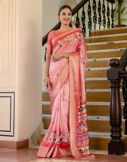 Ready To Wear Pink Dola Silk Woven Border Floral Printed Saree