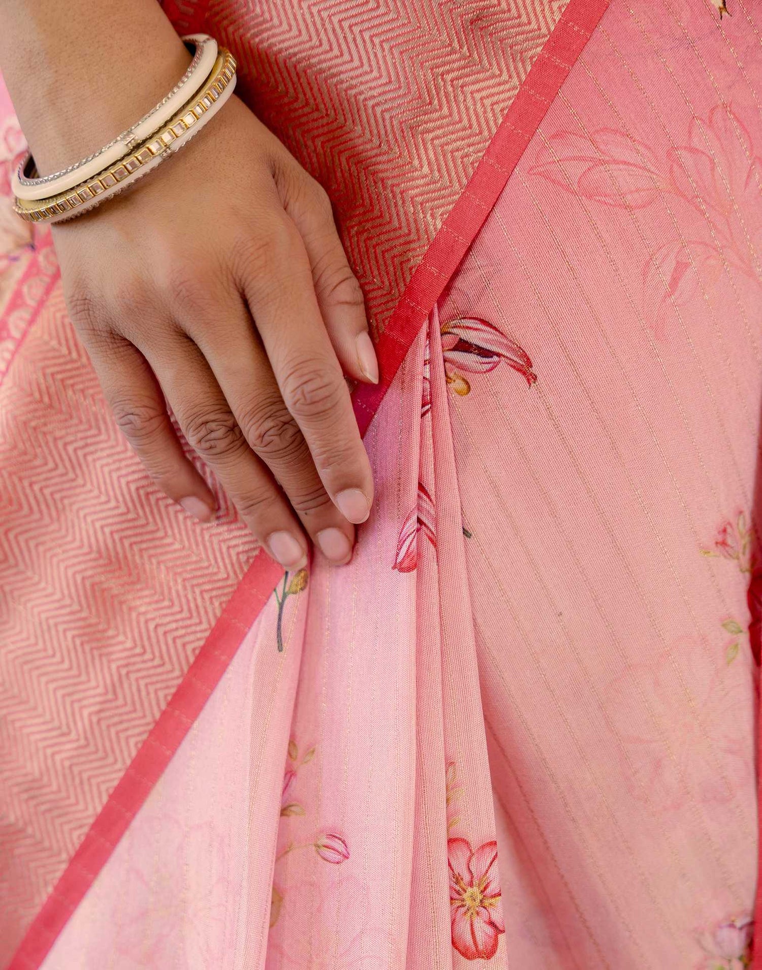 Ready To Wear Pink Dola Silk Woven Border Floral Printed Saree
