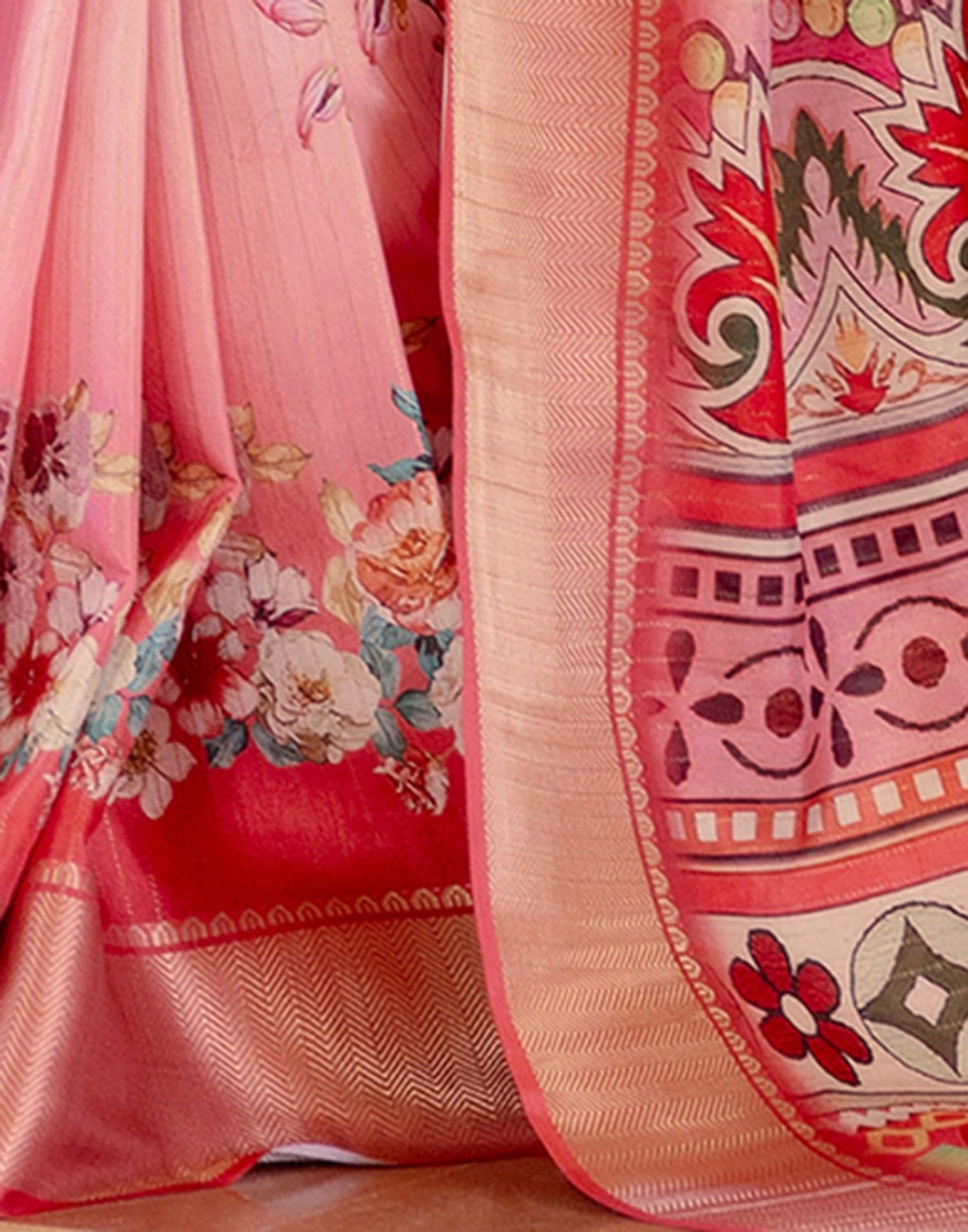 Ready To Wear Pink Dola Silk Woven Border Floral Printed Saree