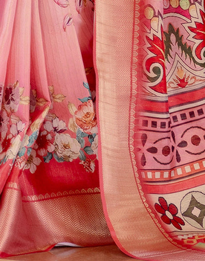 Ready To Wear Pink Dola Silk Woven Border Floral Printed Saree