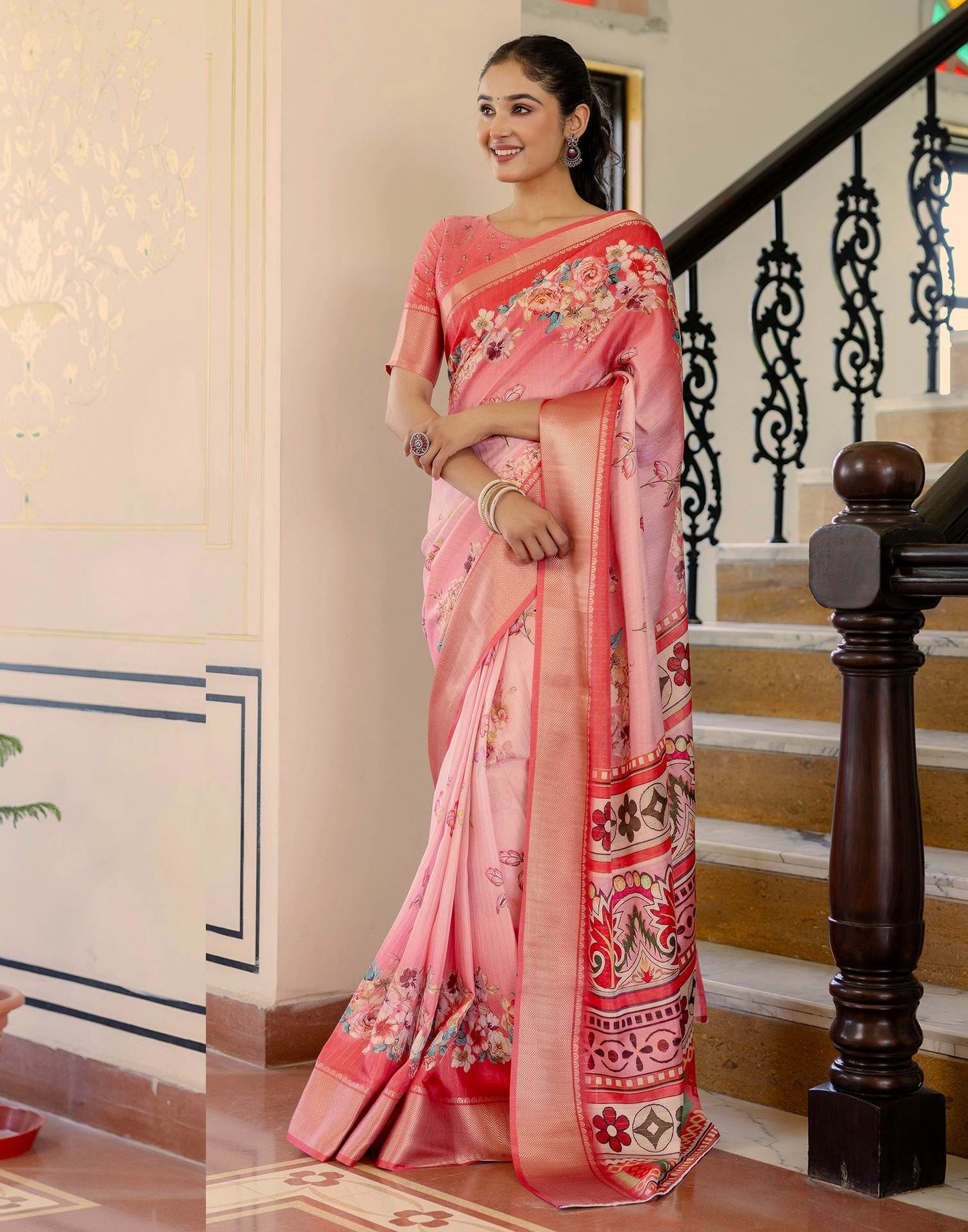 Ready To Wear Pink Dola Silk Woven Border Floral Printed Saree