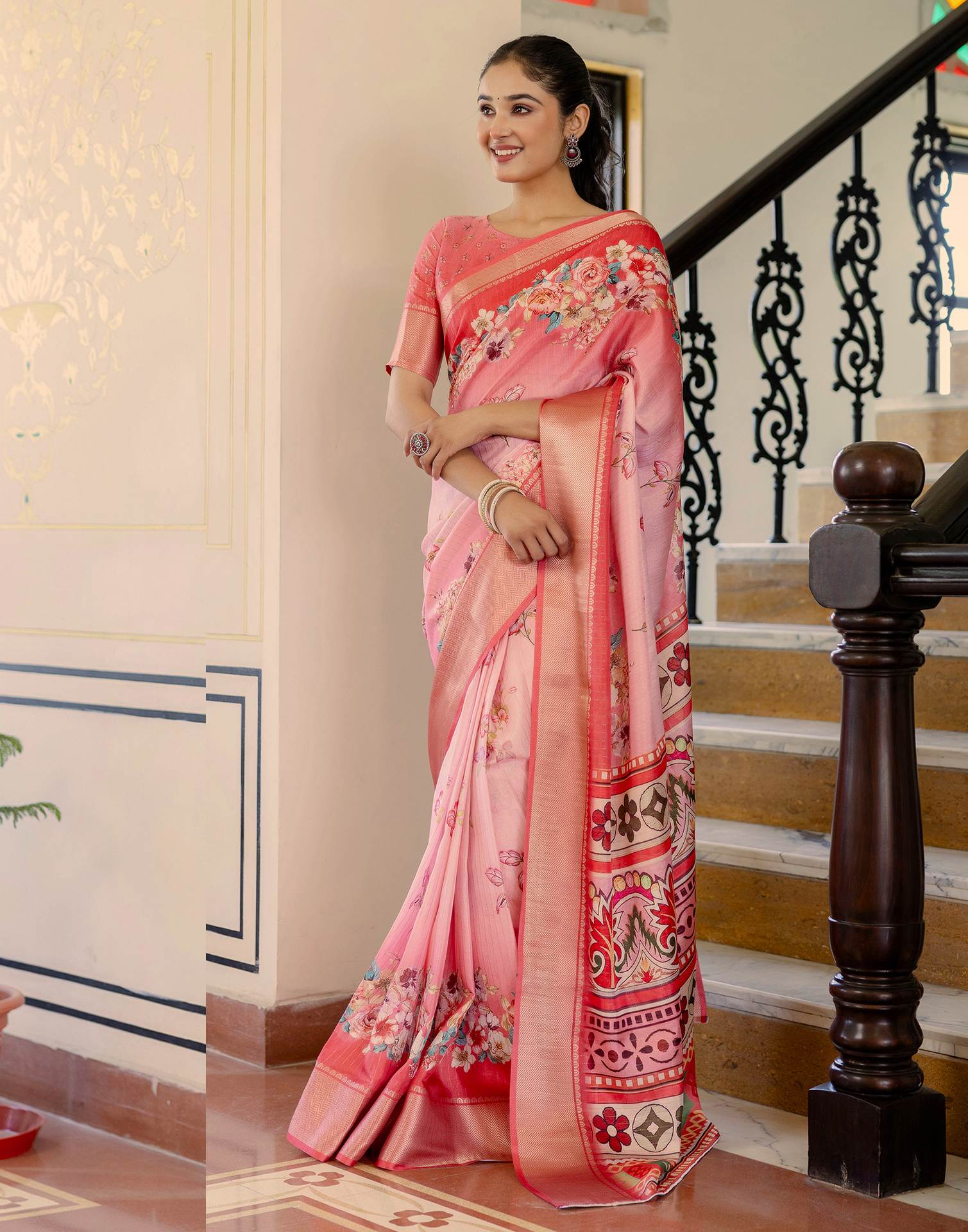 Ready To Wear Pink Dola Silk Woven Border Floral Printed Saree