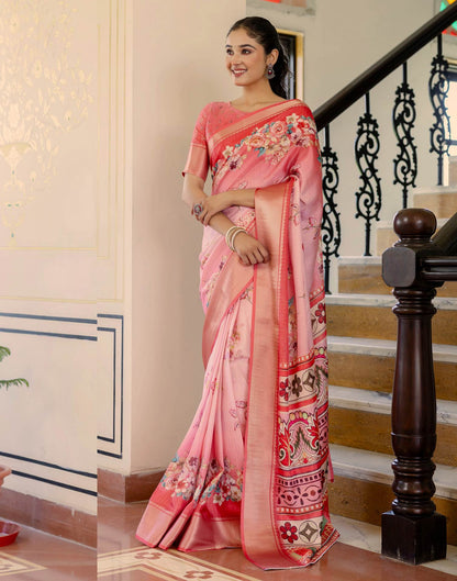 Ready To Wear Pink Dola Silk Woven Border Floral Printed Saree