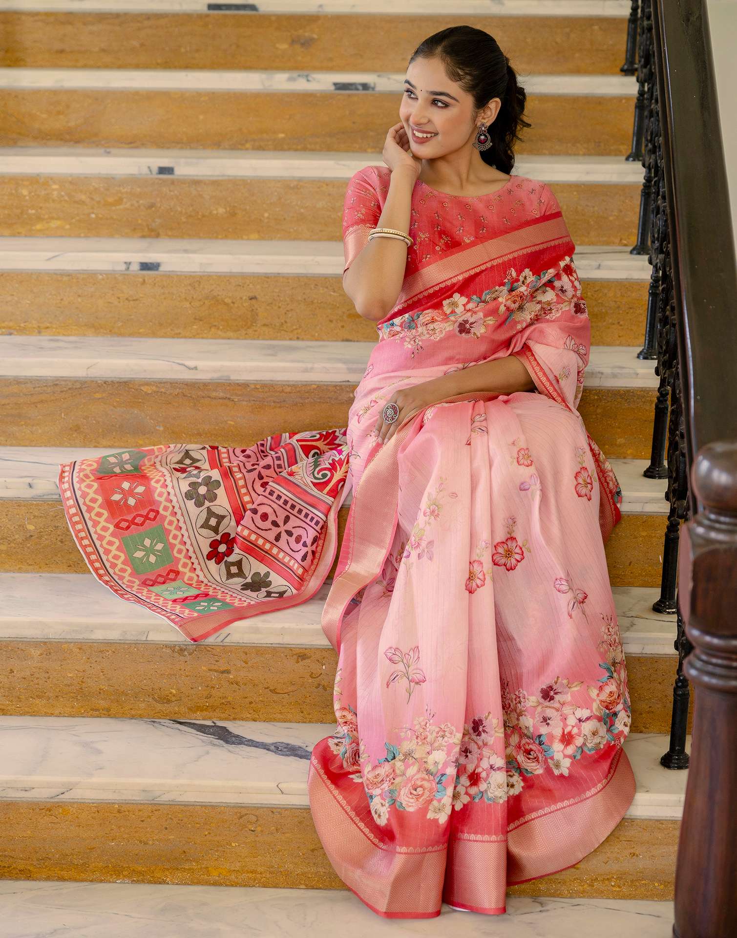 Ready To Wear Pink Dola Silk Woven Border Floral Printed Saree