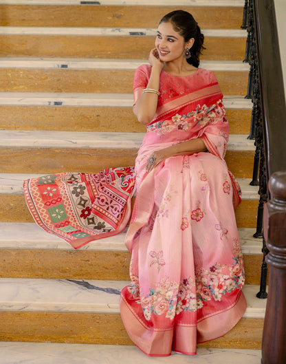 Ready To Wear Pink Dola Silk Woven Border Floral Printed Saree