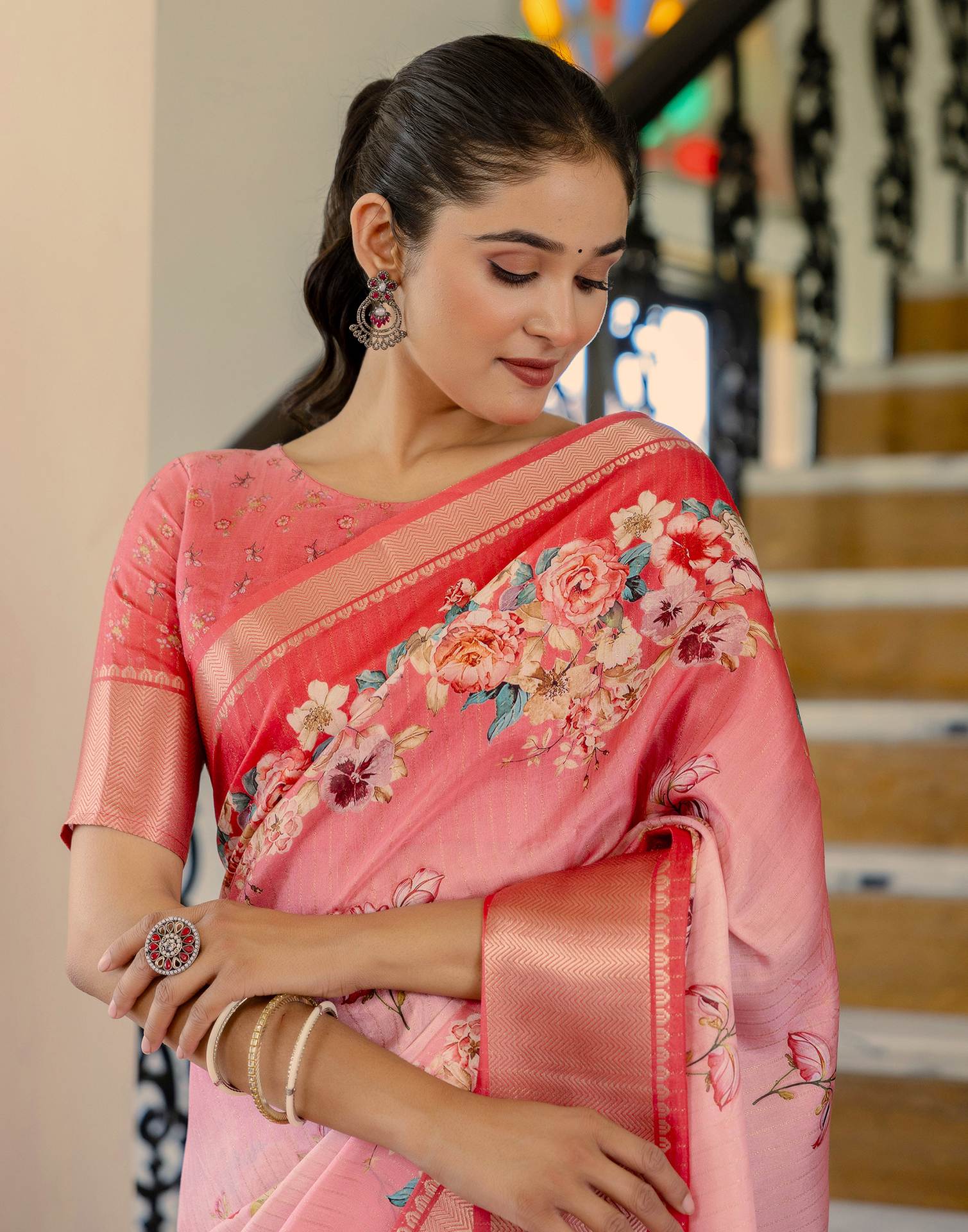 Ready To Wear Pink Dola Silk Woven Border Floral Printed Saree