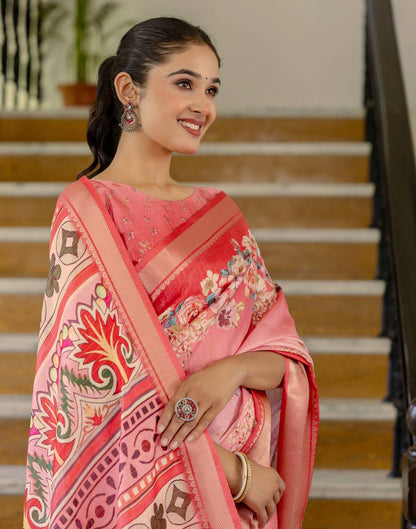 Ready To Wear Pink Dola Silk Woven Border Floral Printed Saree