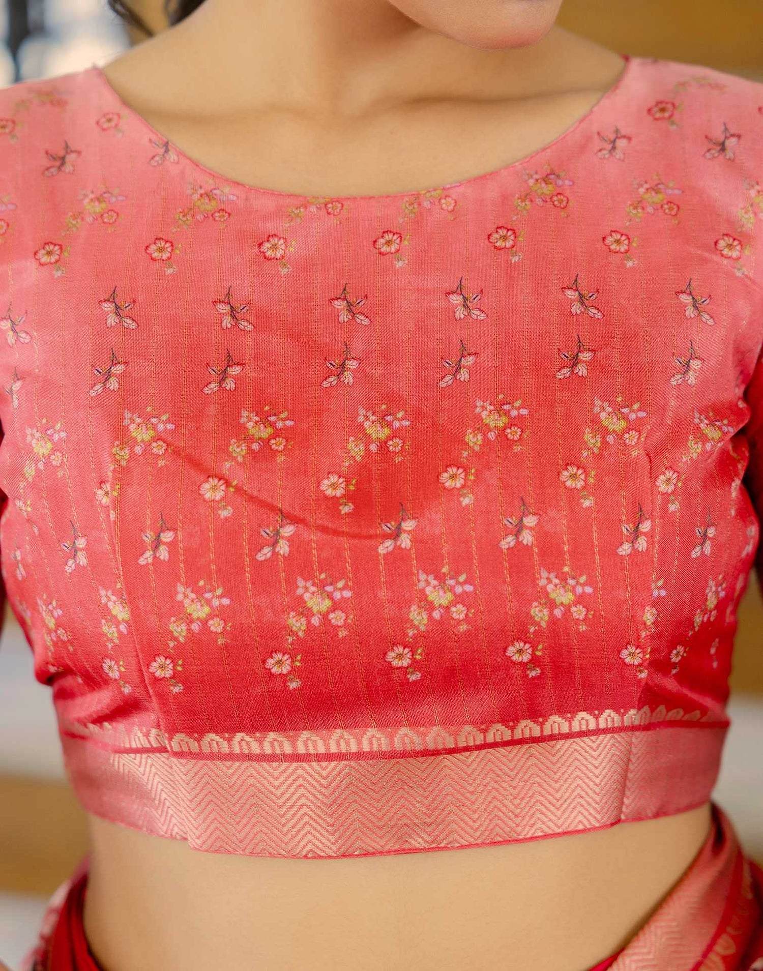Ready To Wear Pink Dola Silk Woven Border Floral Printed Saree