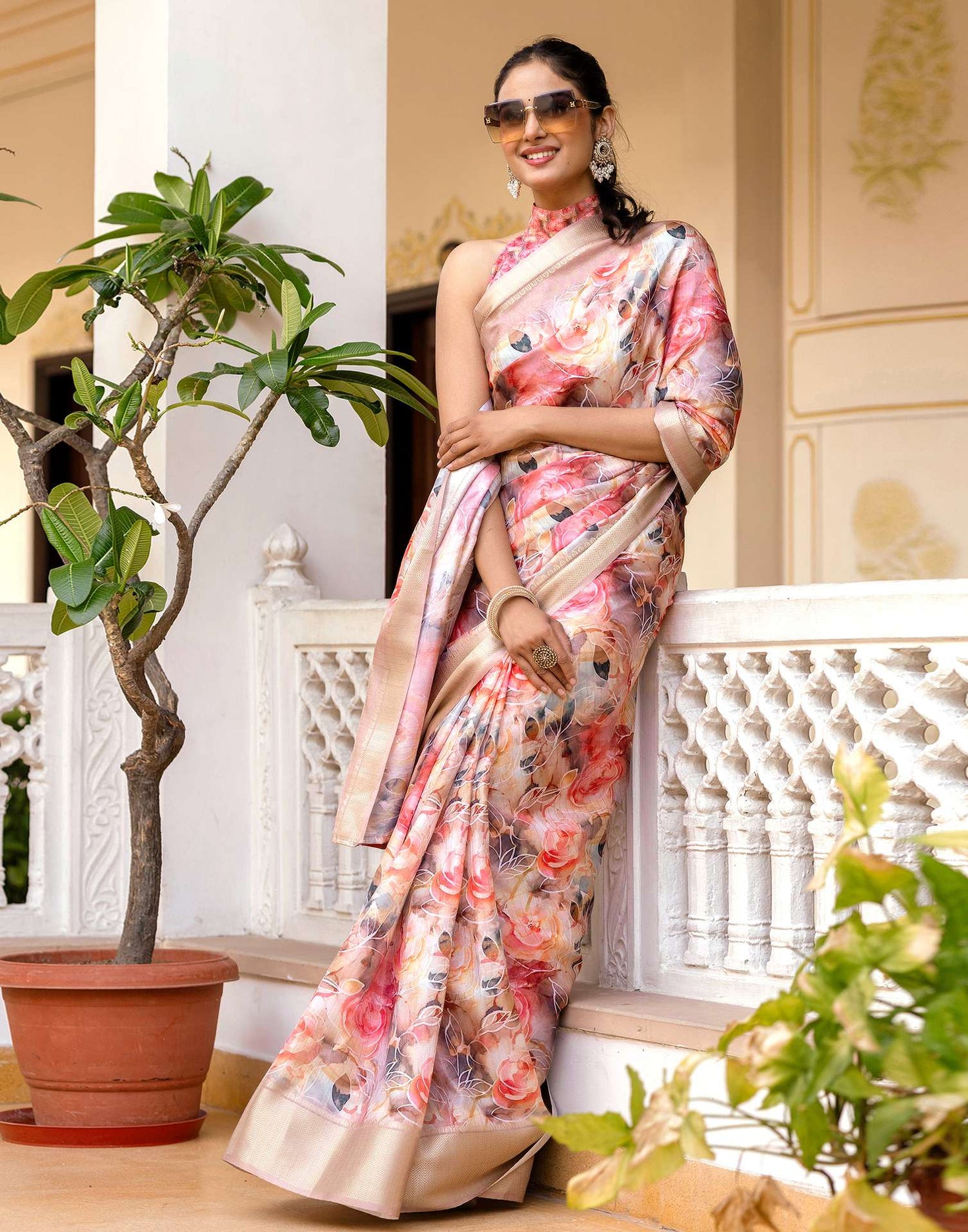 Ready To Wear Pink Dola Silk Woven Border Printed Saree