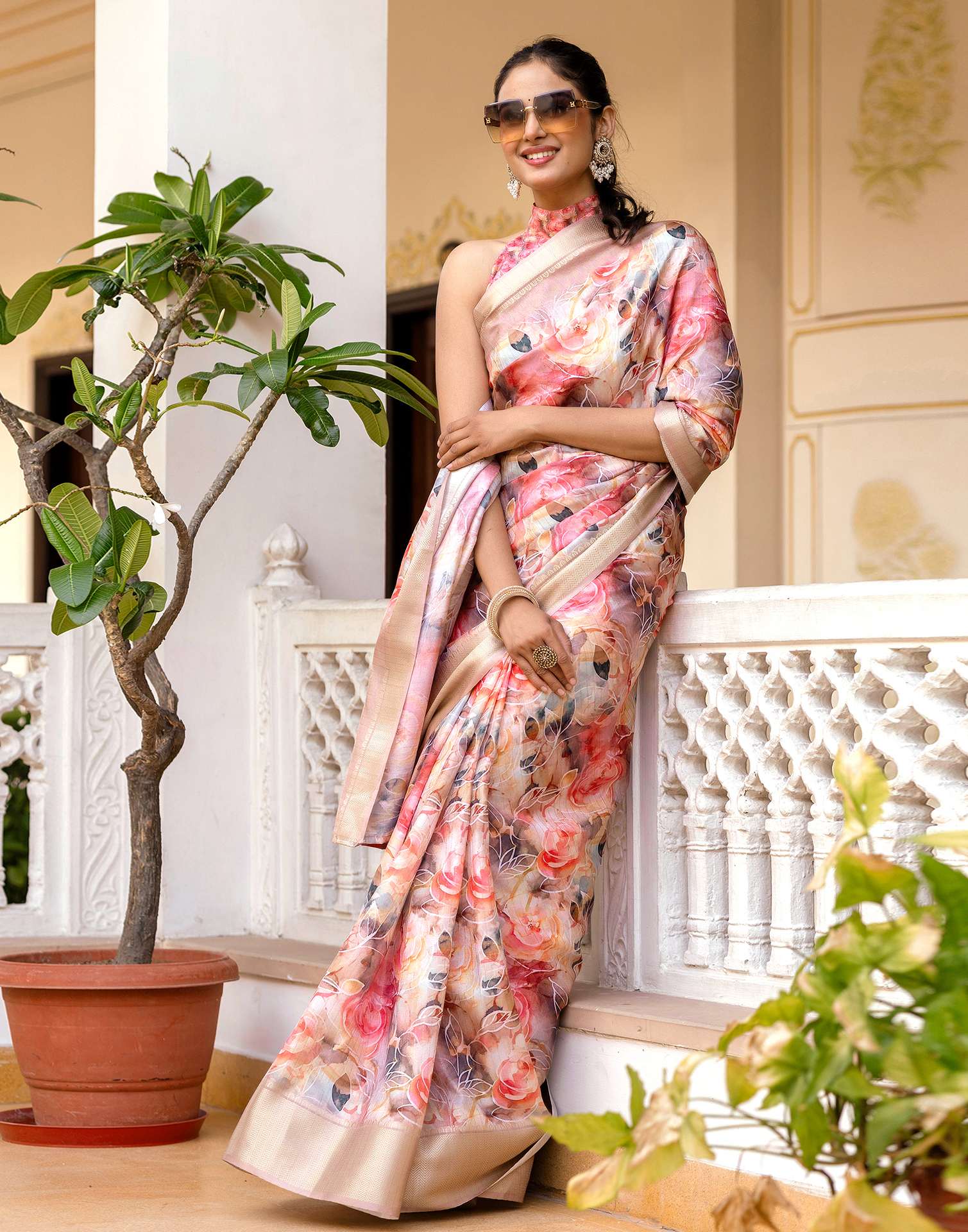 Ready To Wear Pink Dola Silk Woven Border Printed Saree