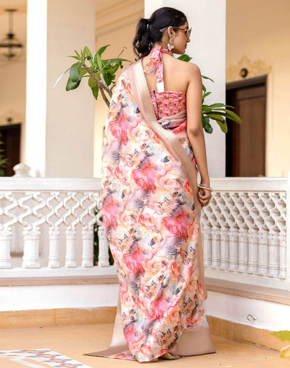 Ready To Wear Pink Dola Silk Woven Border Printed Saree