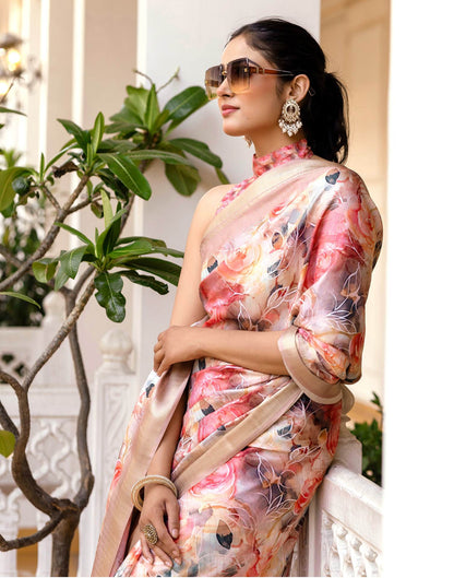 Ready To Wear Pink Dola Silk Woven Border Printed Saree