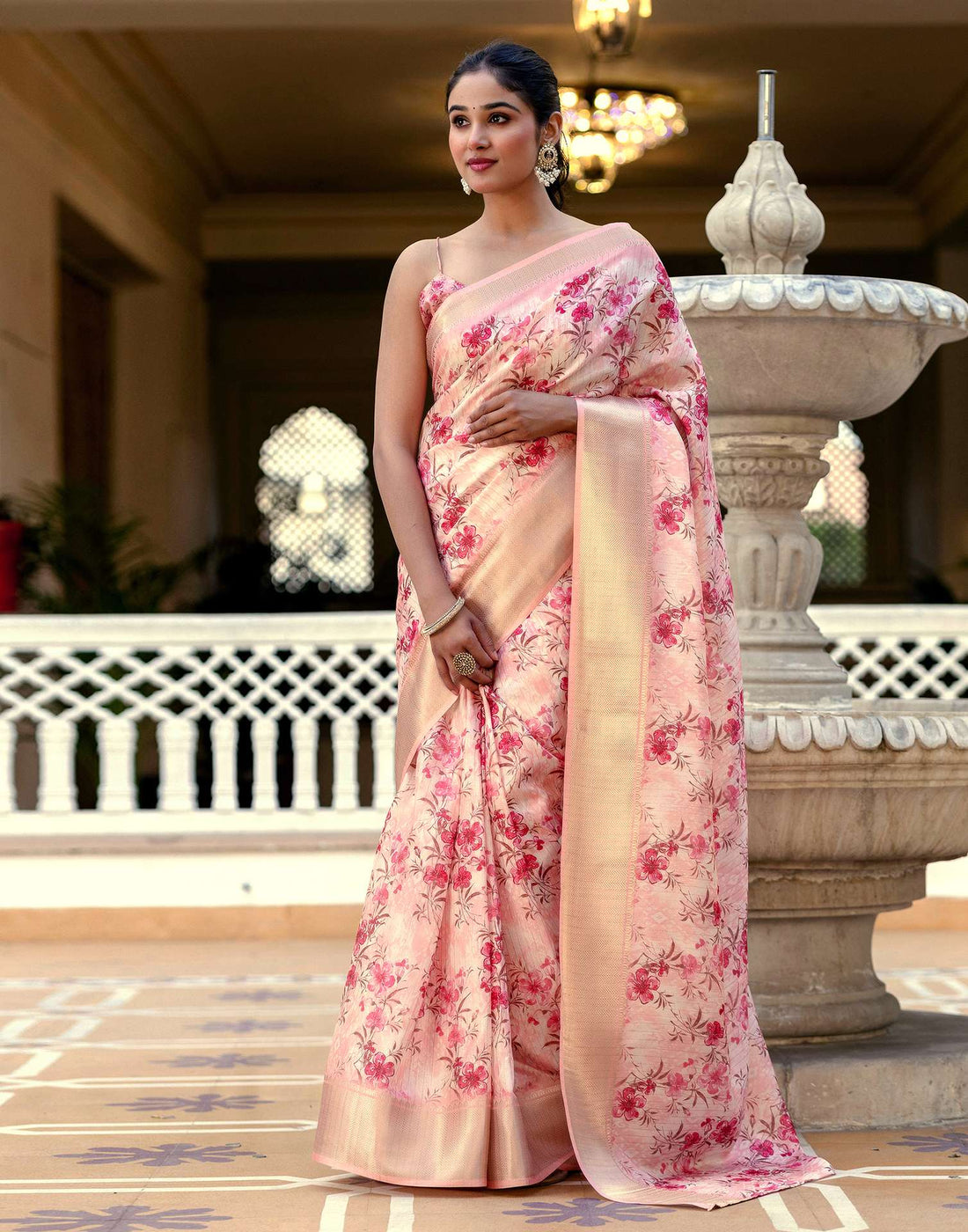 Ready To Wear Peach Dola Silk Woven Border Floral Printed Saree