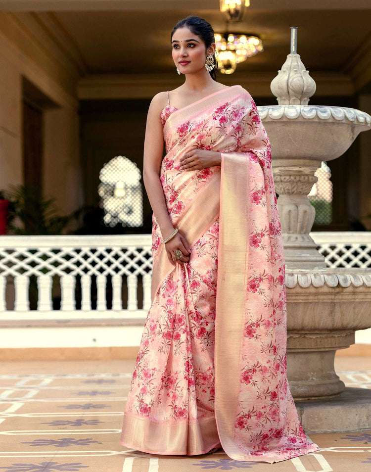 Ready To Wear Peach Dola Silk Woven Border Floral Printed Saree