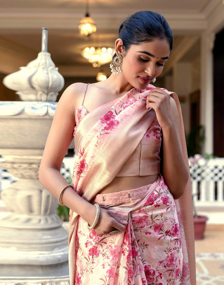 Ready To Wear Peach Dola Silk Woven Border Floral Printed Saree