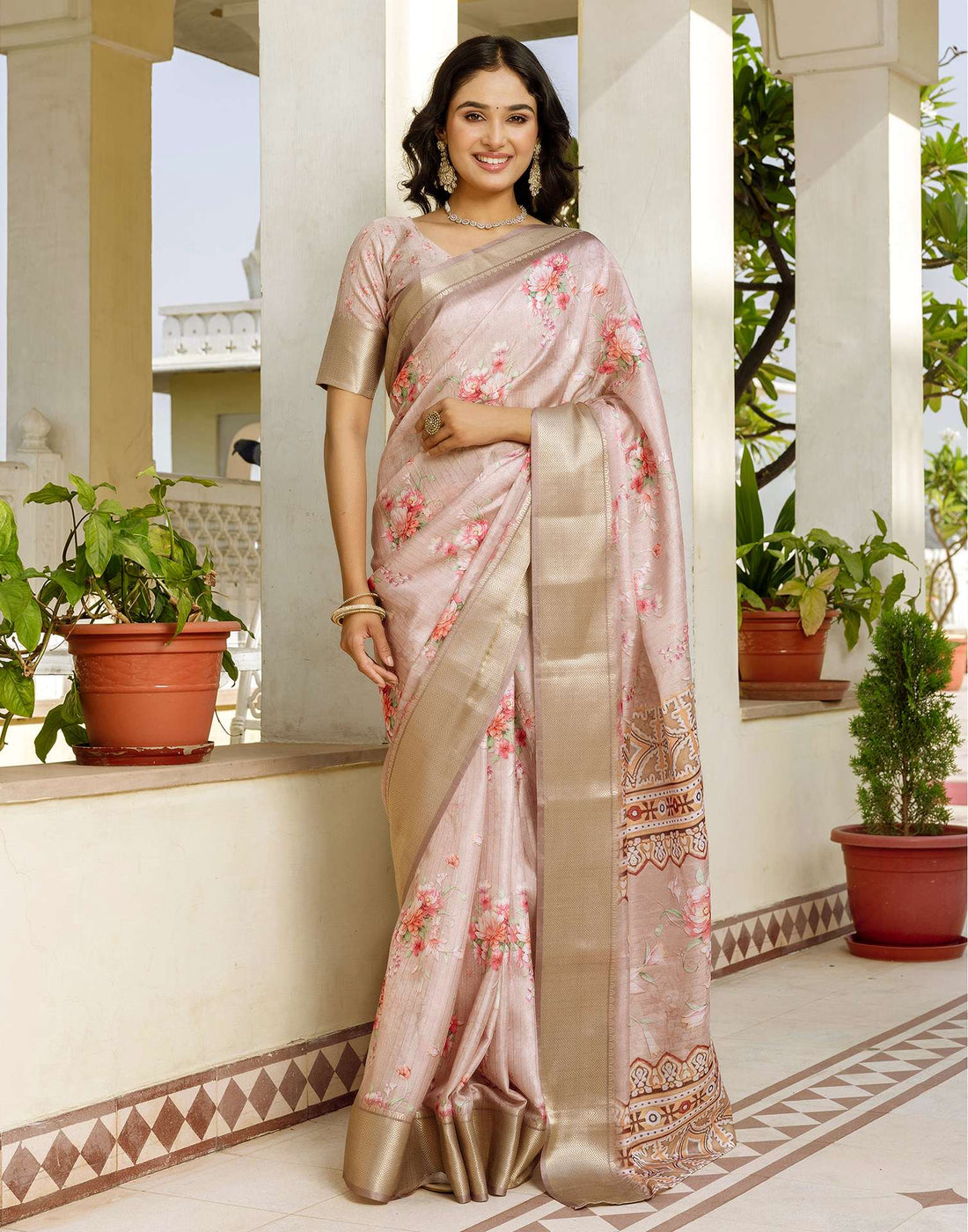 Ready To Wear Beige Dola Silk Woven Border Floral Printed Saree