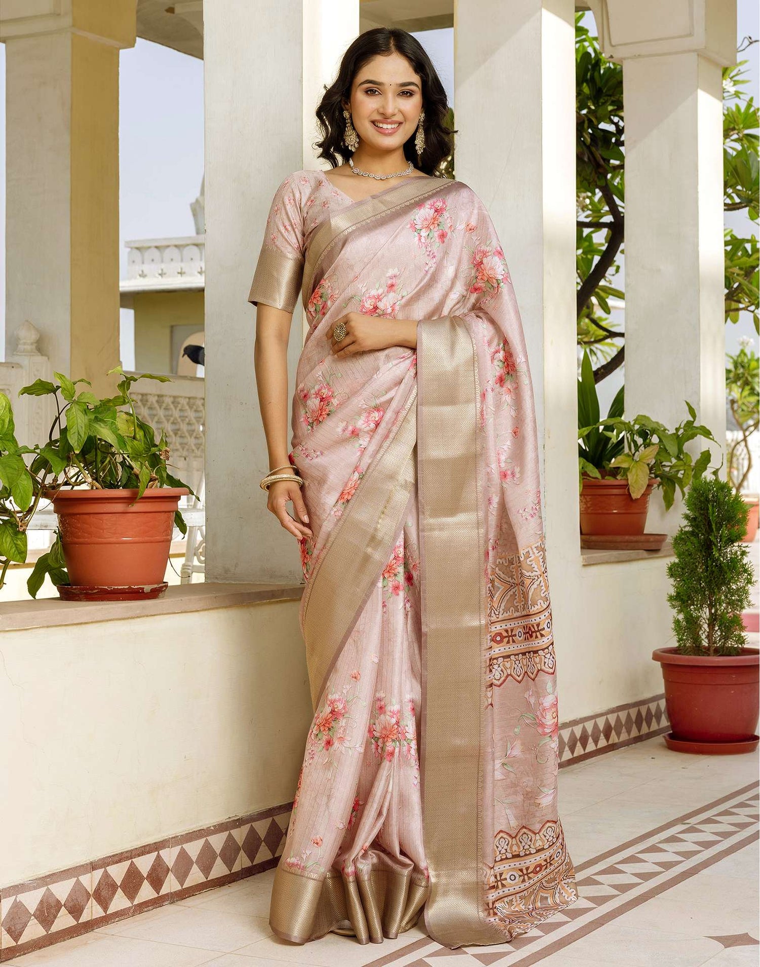 Ready To Wear Beige Dola Silk Woven Border Floral Printed Saree