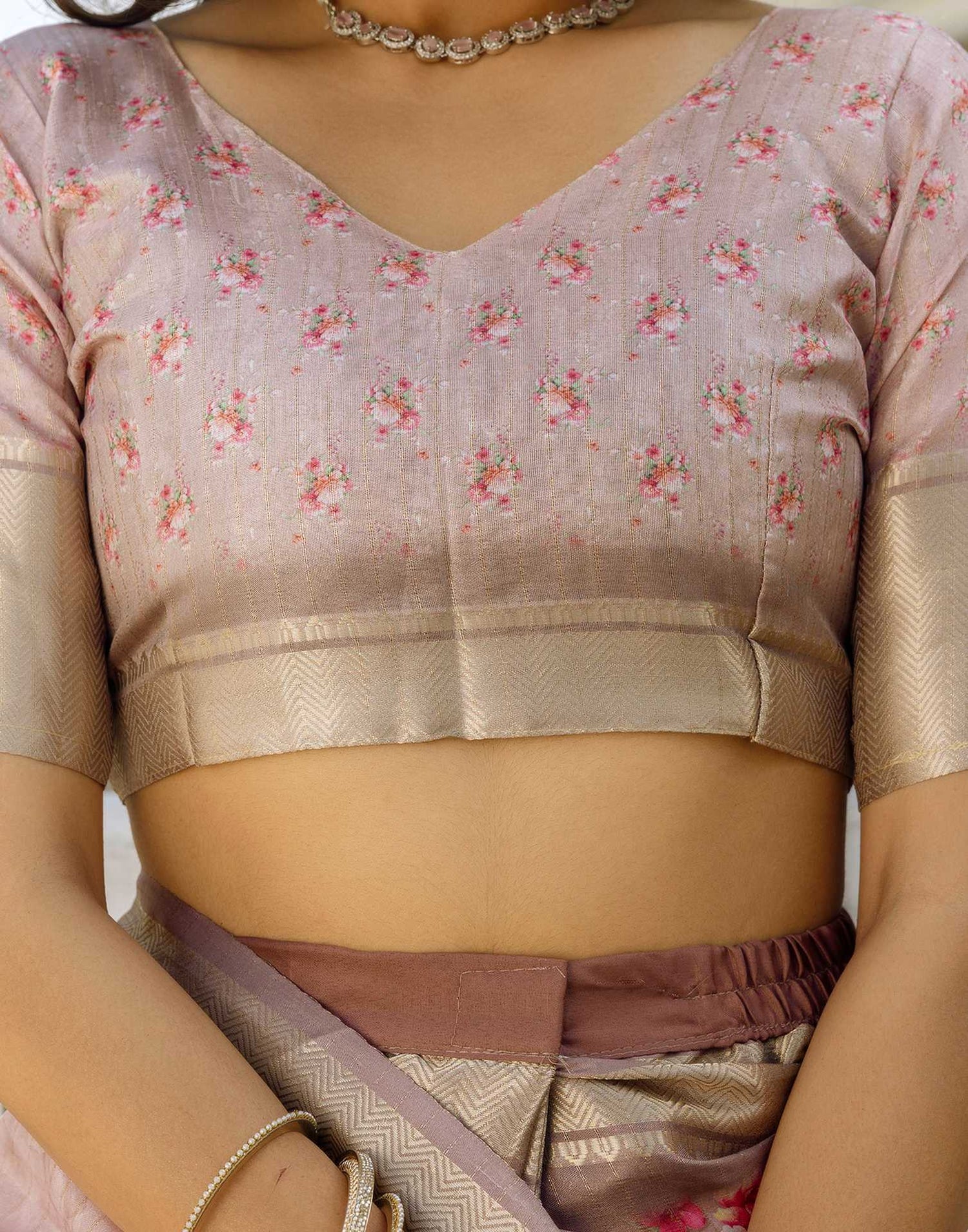 Ready To Wear Beige Dola Silk Woven Border Floral Printed Saree