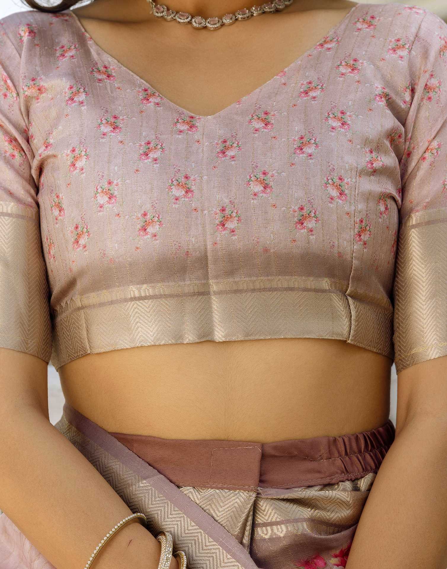 Ready To Wear Beige Dola Silk Woven Border Floral Printed Saree