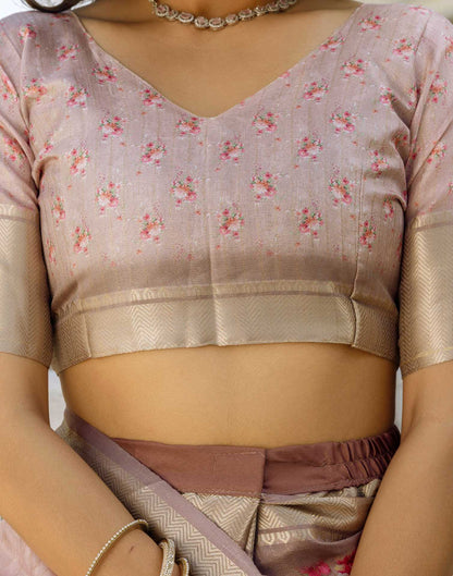 Ready To Wear Beige Dola Silk Woven Border Floral Printed Saree