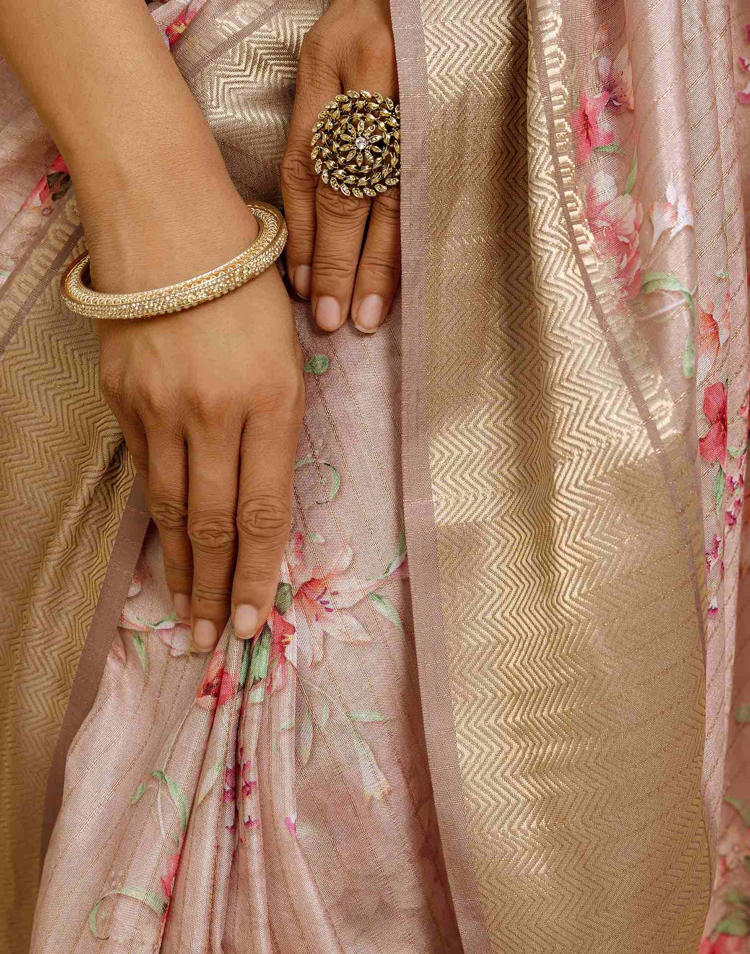 Ready To Wear Beige Dola Silk Woven Border Floral Printed Saree