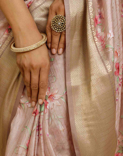 Ready To Wear Beige Dola Silk Woven Border Floral Printed Saree