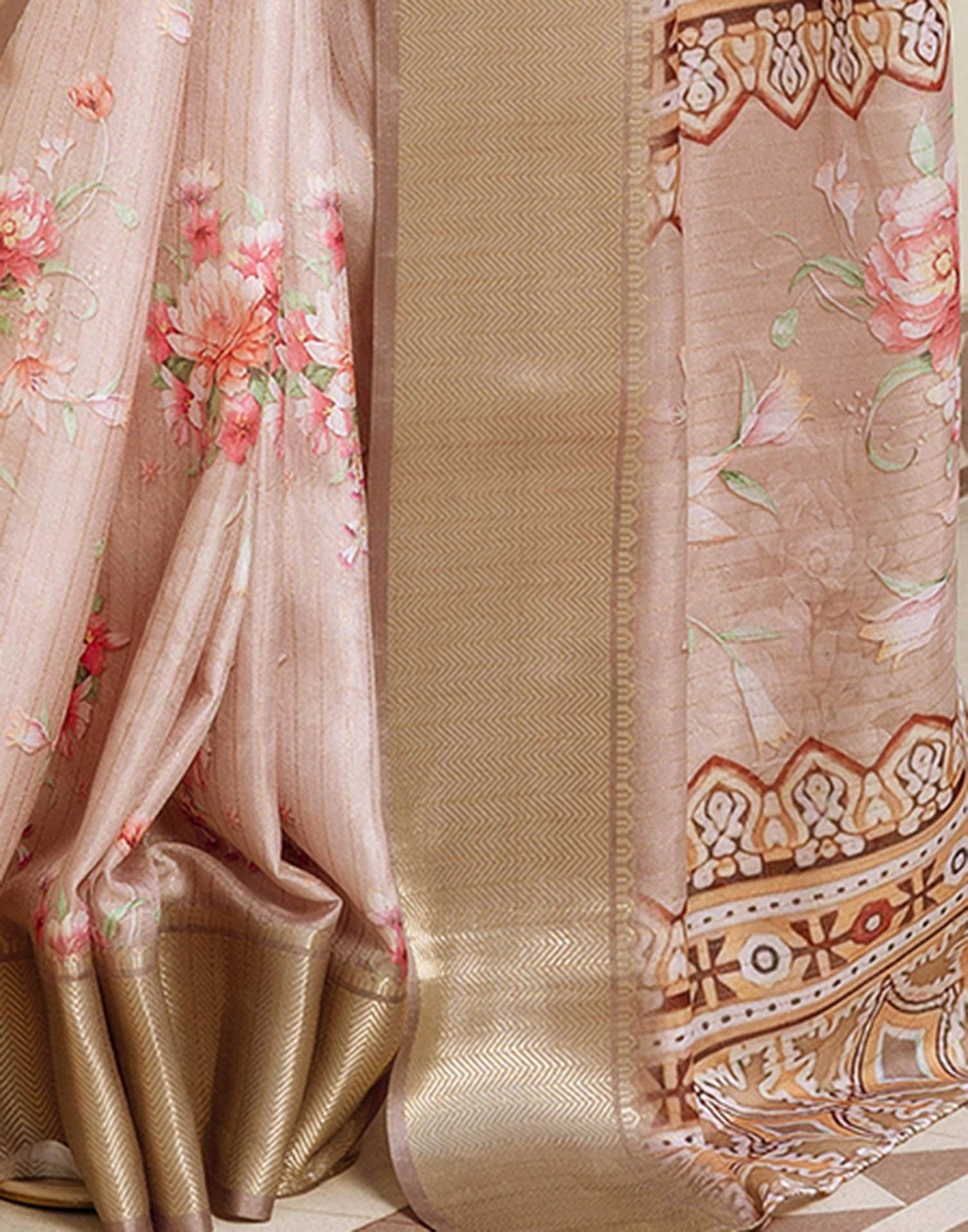 Ready To Wear Beige Dola Silk Woven Border Floral Printed Saree