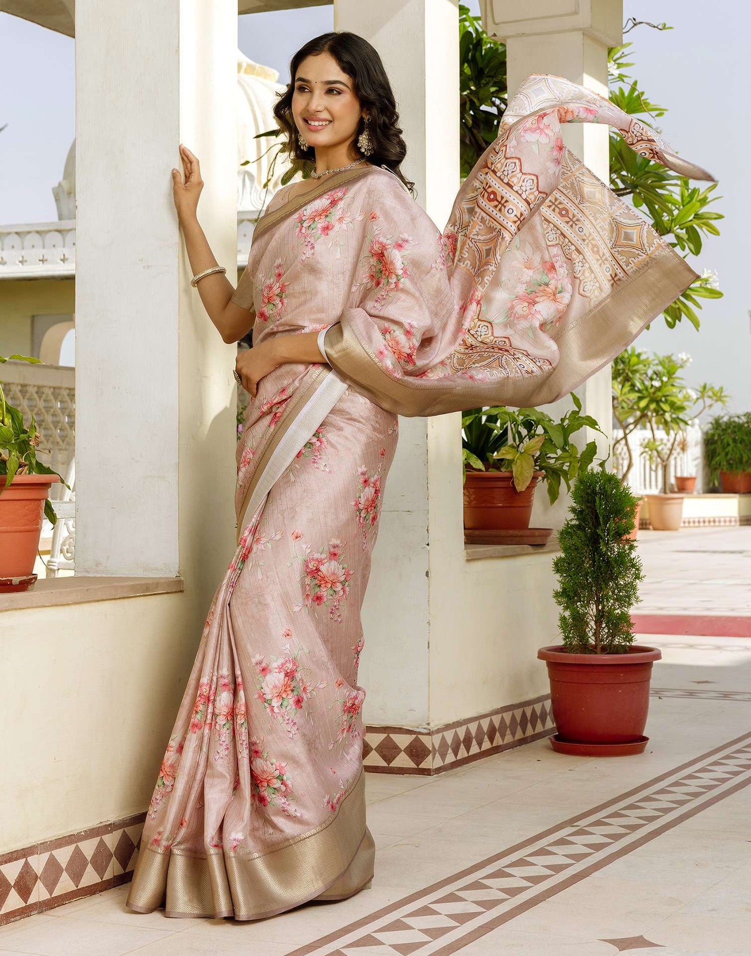 Ready To Wear Beige Dola Silk Woven Border Floral Printed Saree