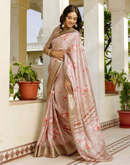 Ready To Wear Beige Dola Silk Woven Border Floral Printed Saree