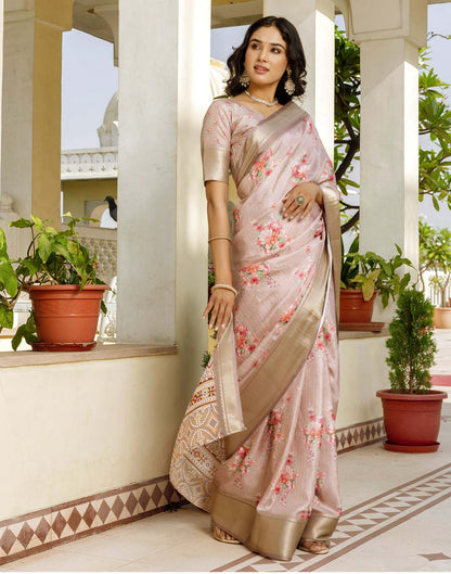 Ready To Wear Beige Dola Silk Woven Border Floral Printed Saree