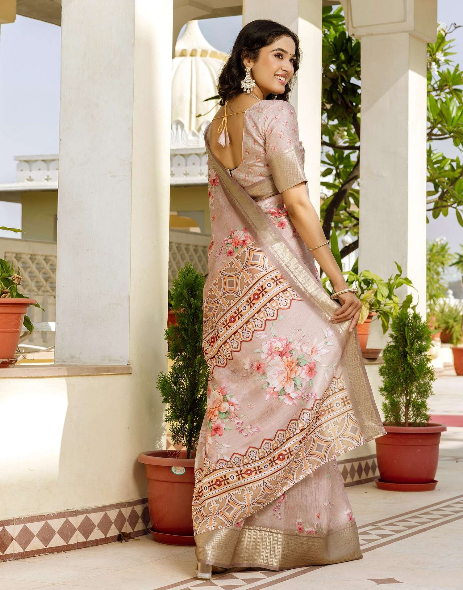 Ready To Wear Beige Dola Silk Woven Border Floral Printed Saree