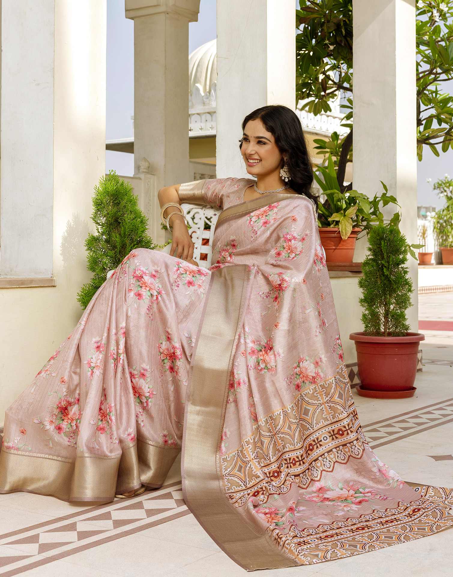 Ready To Wear Beige Dola Silk Woven Border Floral Printed Saree