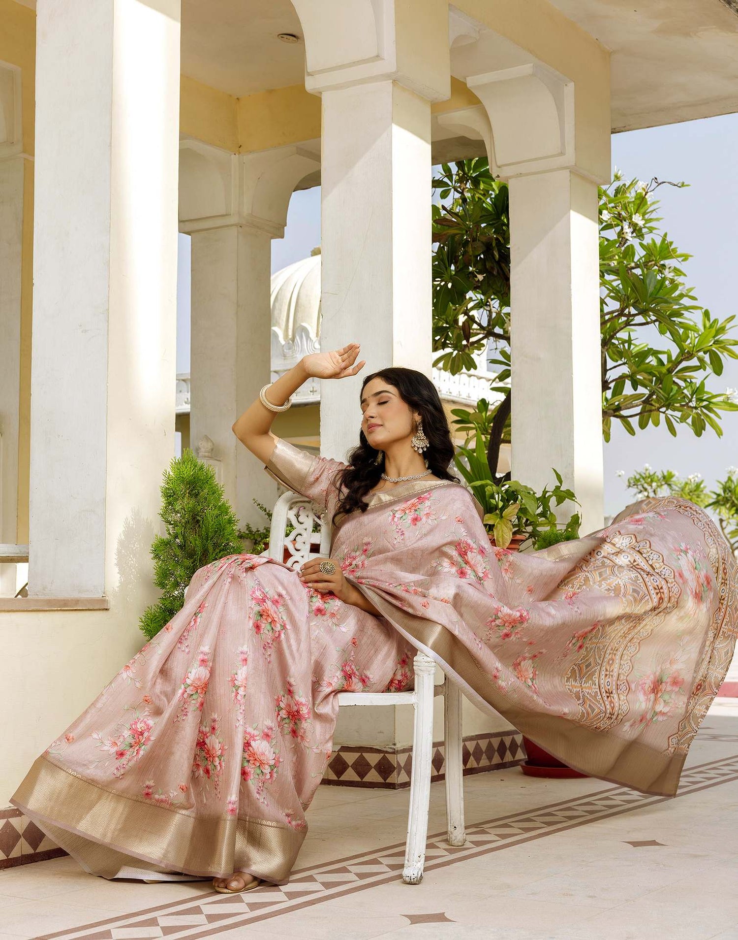 Ready To Wear Beige Dola Silk Woven Border Floral Printed Saree