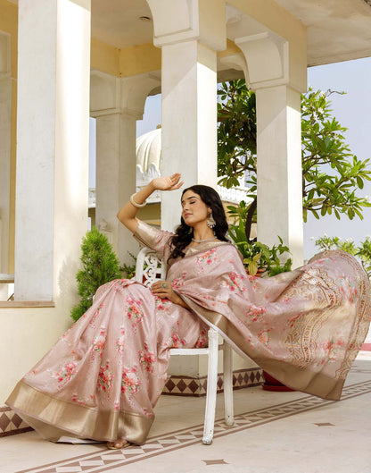 Ready To Wear Beige Dola Silk Woven Border Floral Printed Saree