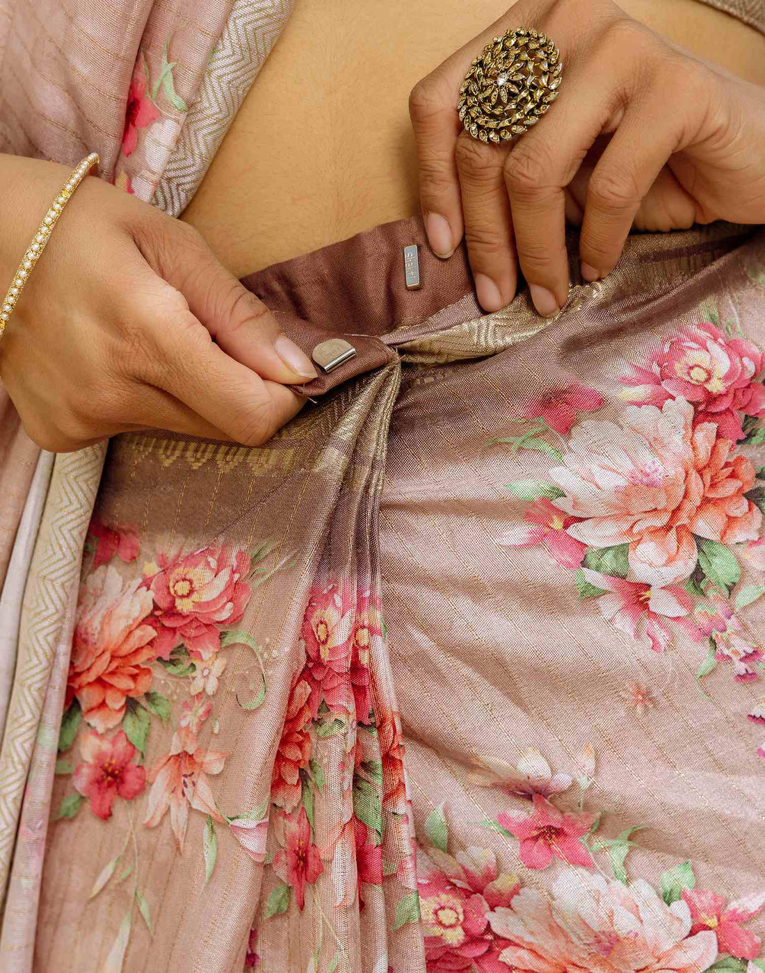 Ready To Wear Beige Dola Silk Woven Border Floral Printed Saree