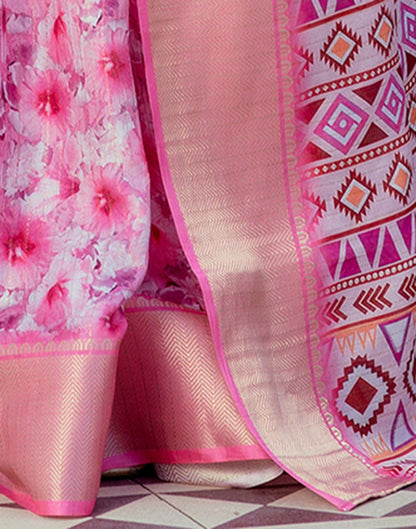 Ready To Wear Pink Dola Silk Woven Border Printed Saree