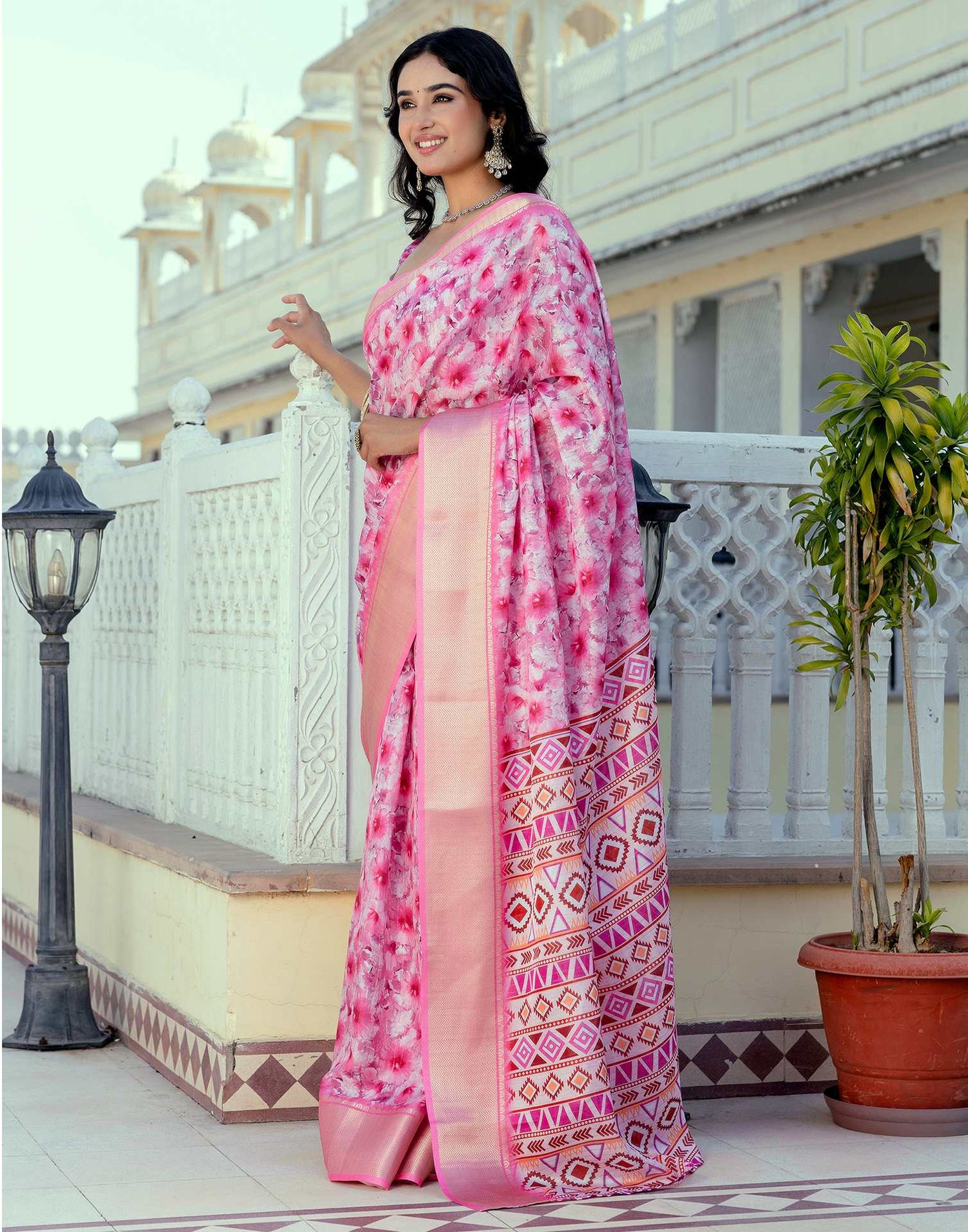 Ready To Wear Pink Dola Silk Woven Border Printed Saree