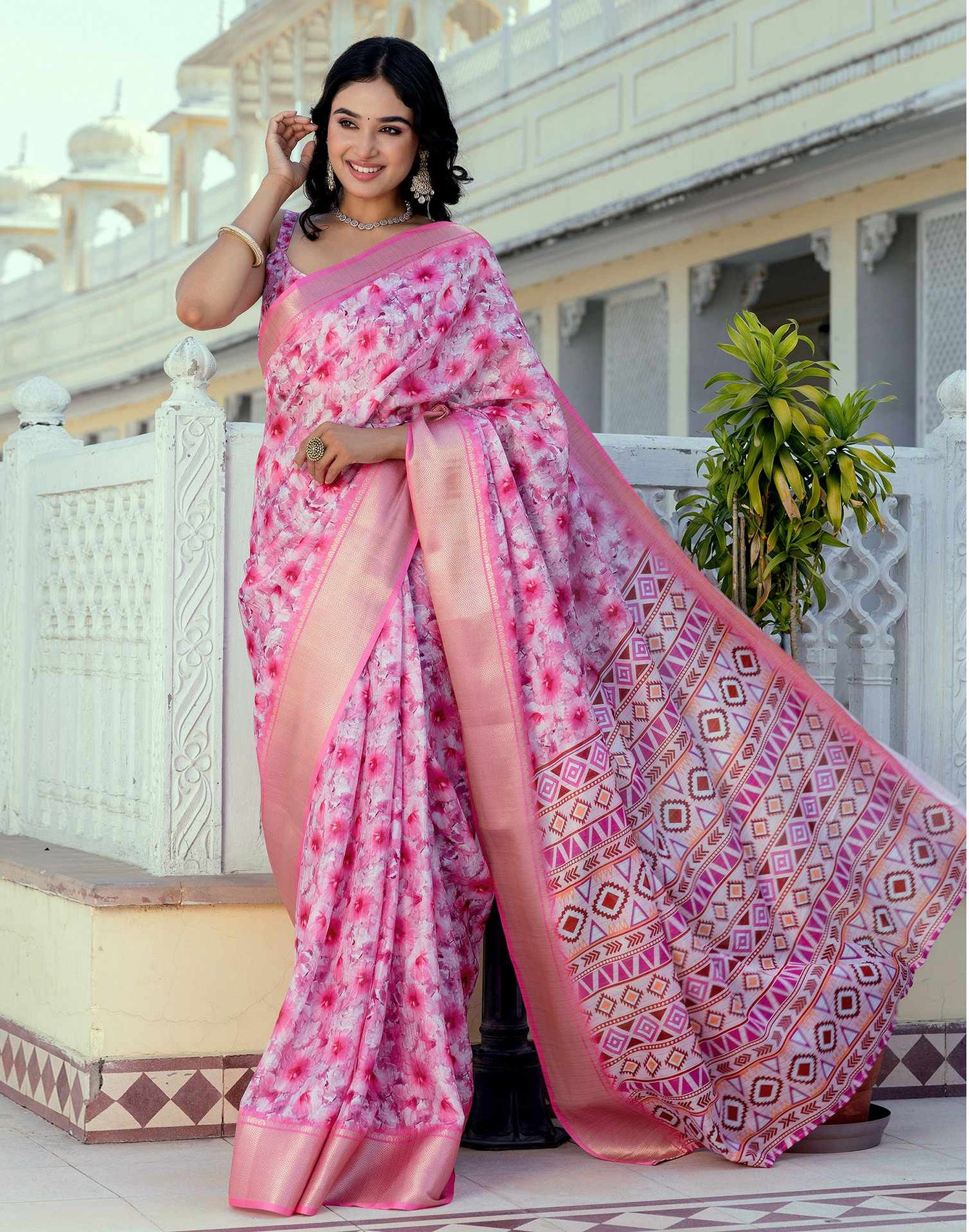 Ready To Wear Pink Dola Silk Woven Border Printed Saree